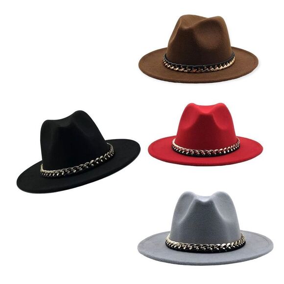 Red Stiff Wide Brim Fashion Hat Silver Chain Band Fedora NEW - Picture 3 of 4